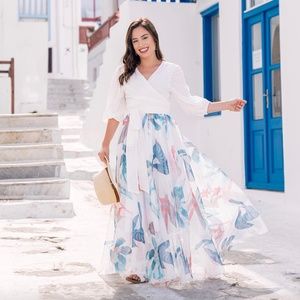 TROPICAL FLORAL WATERCOLOR MAXI SKIRT IN WHITE